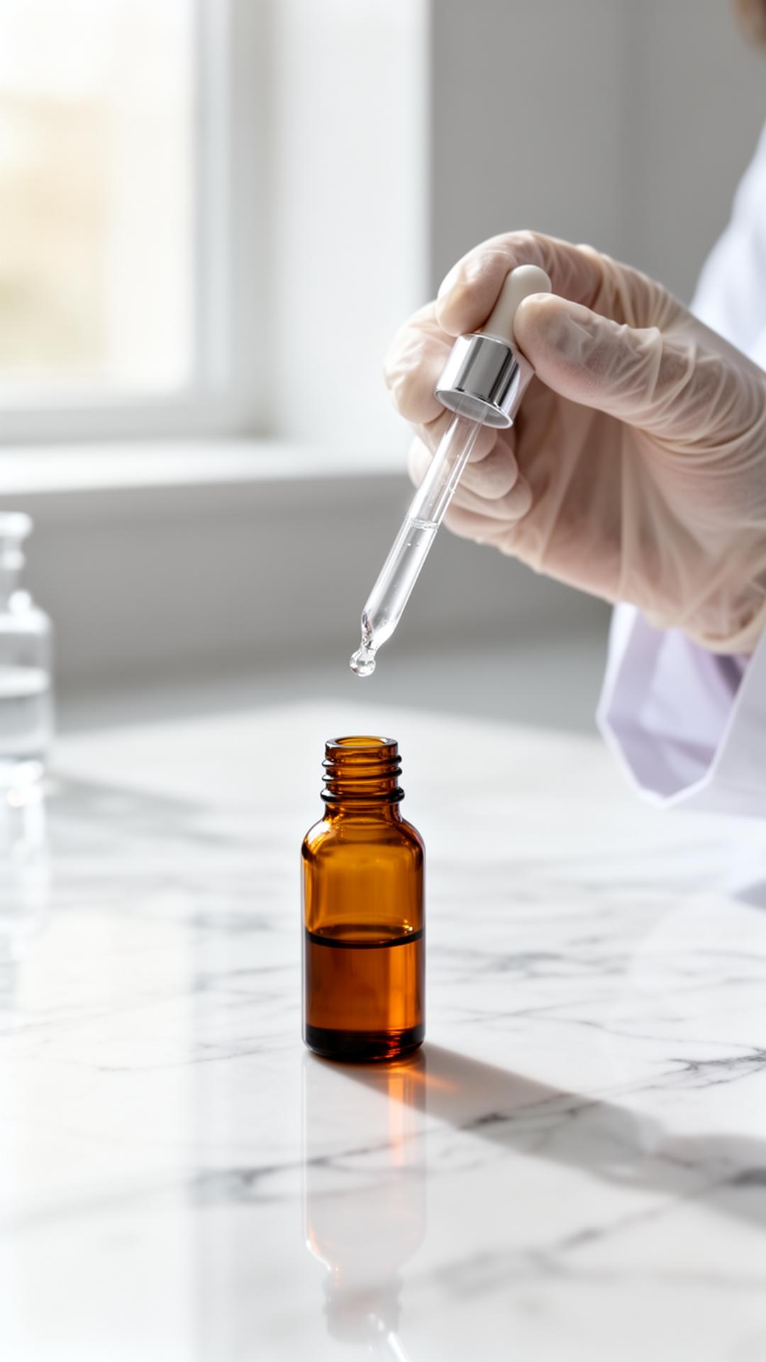 Pipeta y frasco durante la preparación de una fórmula dermatológica